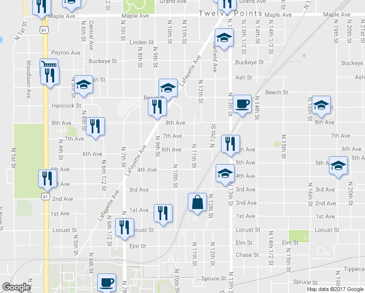 map of restaurants, bars, coffee shops, grocery stores, and more near 1014 6th Avenue in Terre Haute