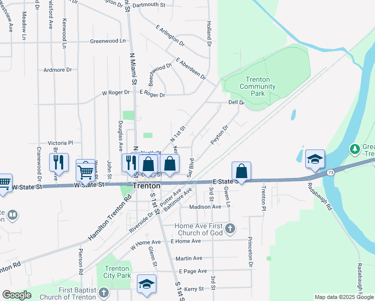 map of restaurants, bars, coffee shops, grocery stores, and more near 203 Lacey Drive in Trenton