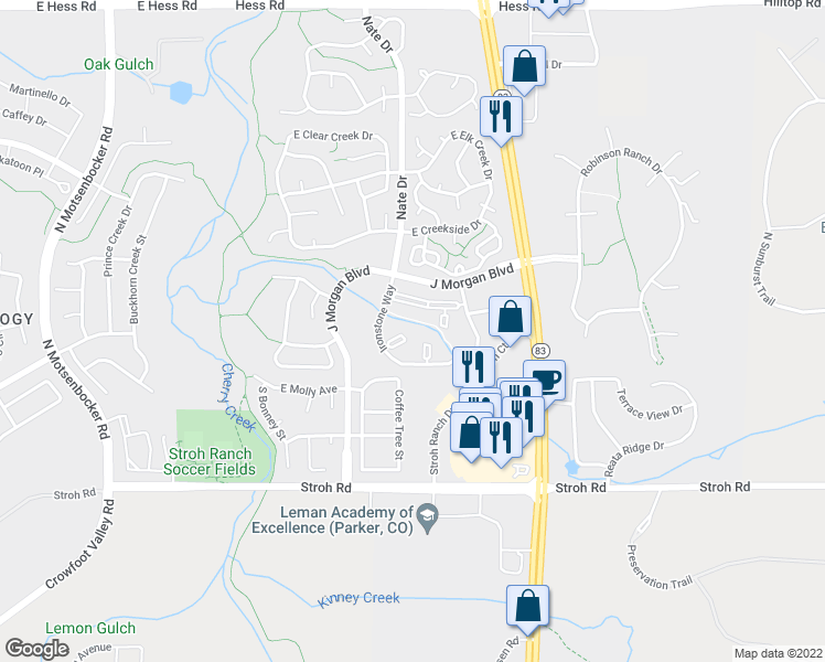 map of restaurants, bars, coffee shops, grocery stores, and more near 12886 Ironstone Way in Parker