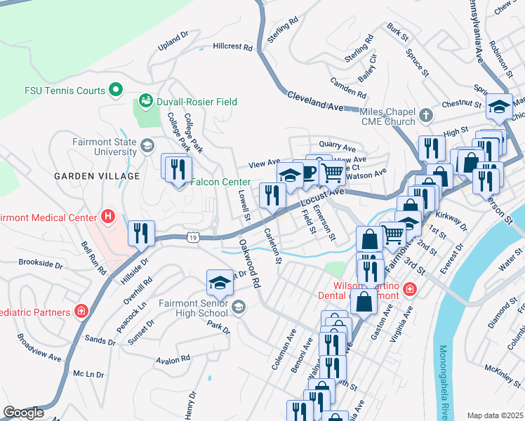 map of restaurants, bars, coffee shops, grocery stores, and more near 719 Locust Avenue in Fairmont