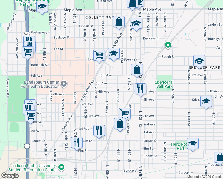 map of restaurants, bars, coffee shops, grocery stores, and more near 1014 6th Avenue in Terre Haute