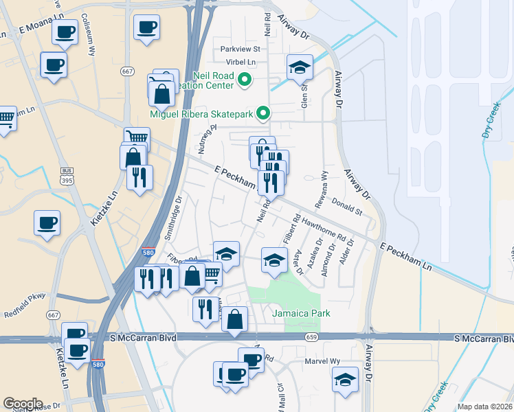 map of restaurants, bars, coffee shops, grocery stores, and more near 9 Smithridge Park in Reno