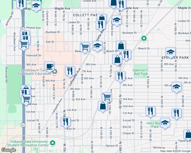 map of restaurants, bars, coffee shops, grocery stores, and more near 1014 6th Avenue in Terre Haute