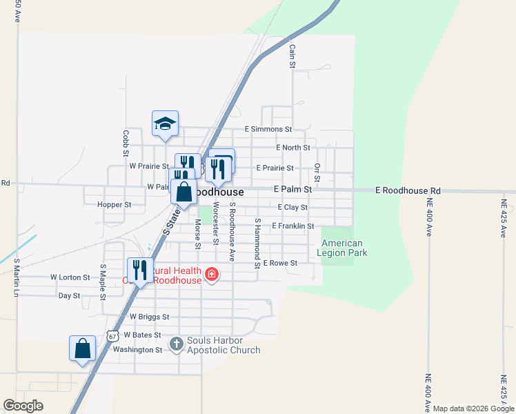 map of restaurants, bars, coffee shops, grocery stores, and more near 198 E Clay St in Roodhouse