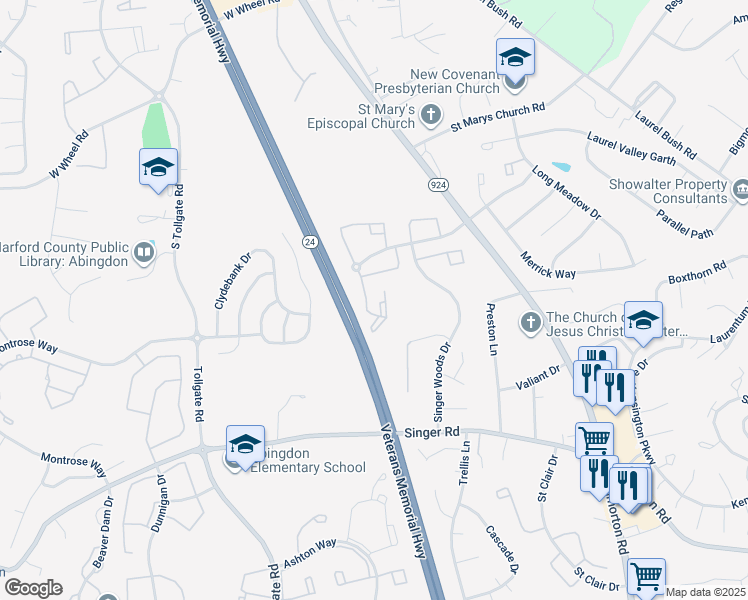 map of restaurants, bars, coffee shops, grocery stores, and more near 302 Tall Pines Court in Abingdon