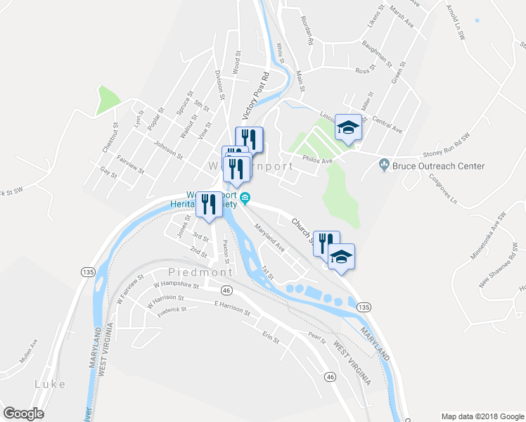 map of restaurants, bars, coffee shops, grocery stores, and more near 128 Church St in Westernport