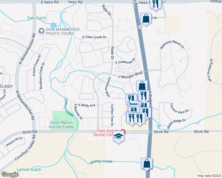 map of restaurants, bars, coffee shops, grocery stores, and more near 12886 Ironstone Way in Parker