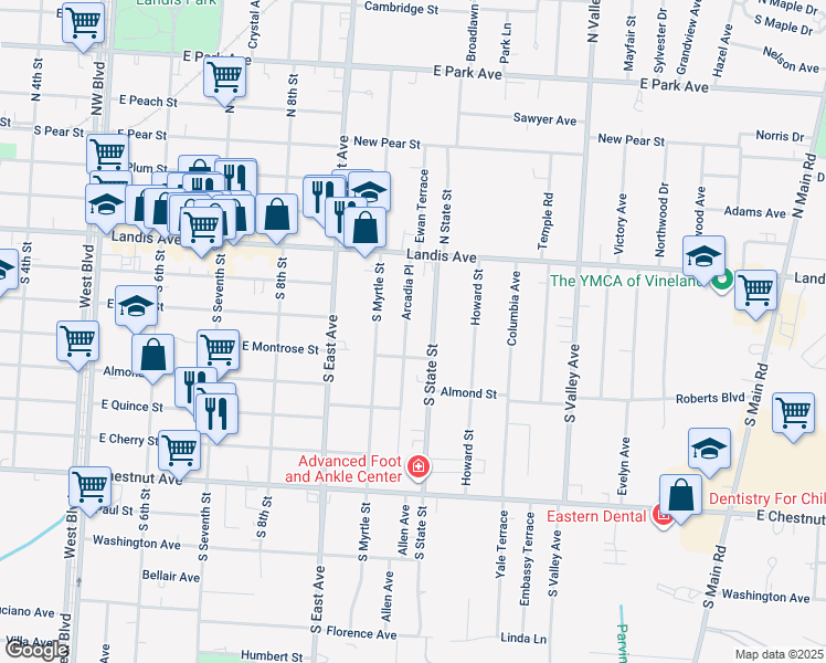 map of restaurants, bars, coffee shops, grocery stores, and more near 23 Arcadia Place in Vineland