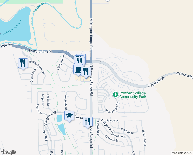 map of restaurants, bars, coffee shops, grocery stores, and more near 8351 North Rampart Range Road in Littleton