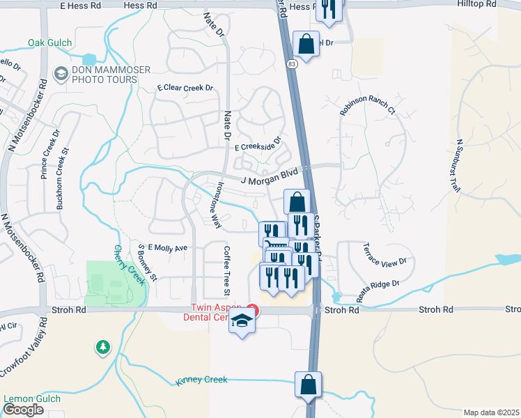 map of restaurants, bars, coffee shops, grocery stores, and more near 12824 Ironstone Way in Parker