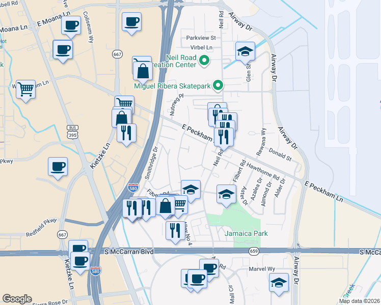 map of restaurants, bars, coffee shops, grocery stores, and more near 96 Smithridge Park in Reno