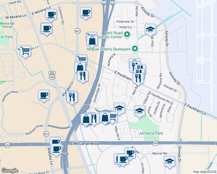 map of restaurants, bars, coffee shops, grocery stores, and more near 184 Smithridge Park in Reno