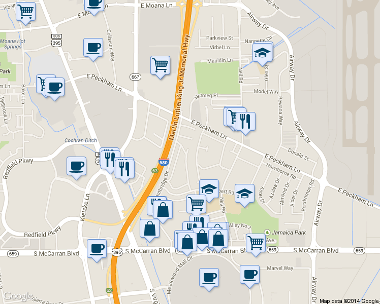 map of restaurants, bars, coffee shops, grocery stores, and more near 184 Smithridge Park in Reno