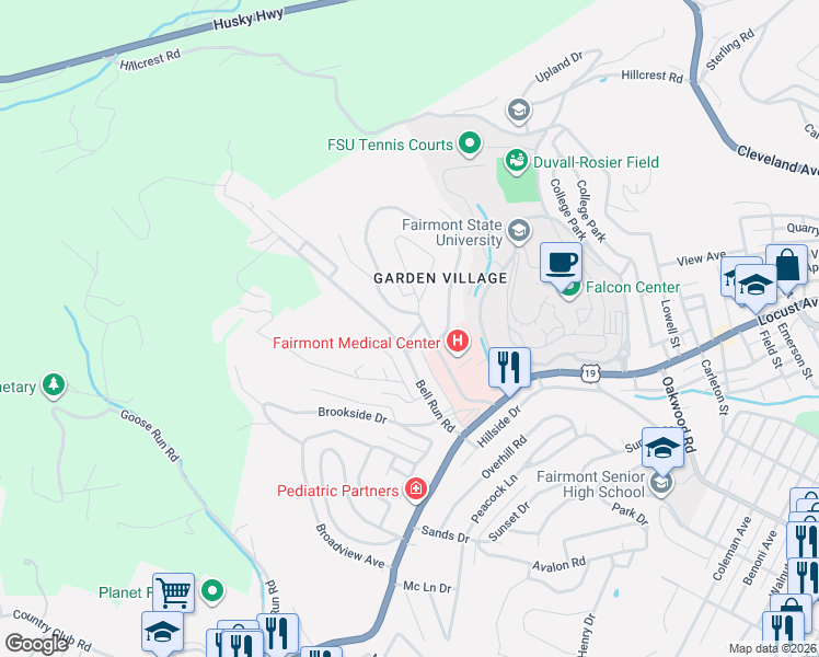 map of restaurants, bars, coffee shops, grocery stores, and more near 100 Cardinal Pl in Fairmont