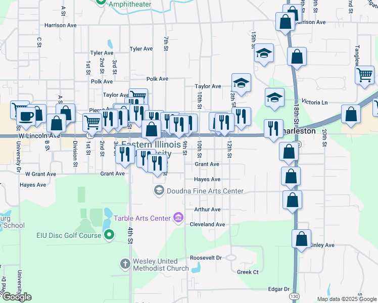 map of restaurants, bars, coffee shops, grocery stores, and more near 1610 10th Street in Charleston