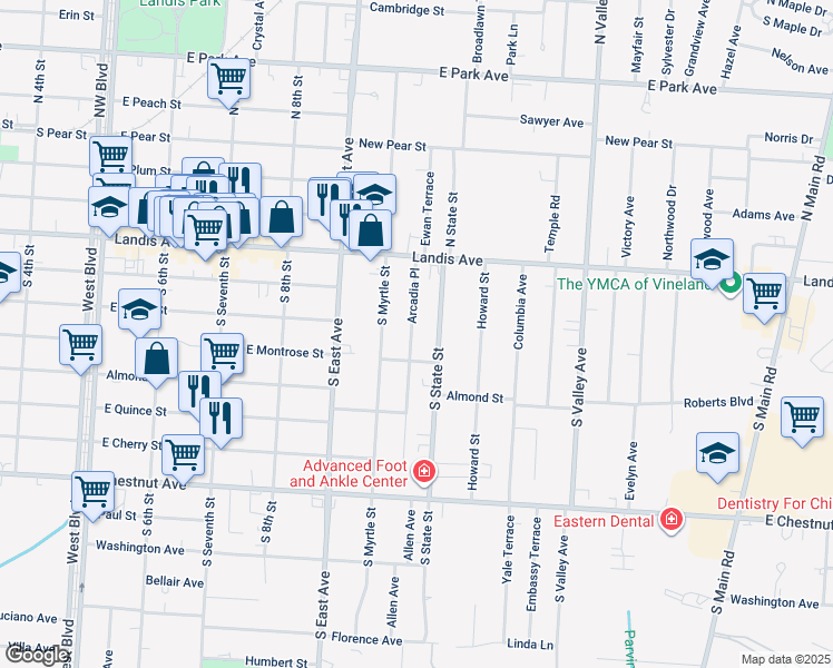 map of restaurants, bars, coffee shops, grocery stores, and more near 23 Arcadia Place in Vineland