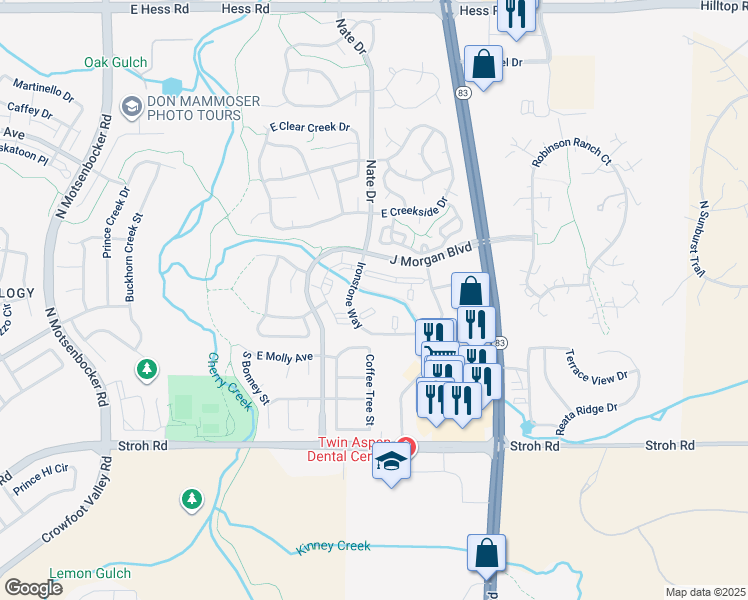 map of restaurants, bars, coffee shops, grocery stores, and more near 12888 Ironstone Way in Parker
