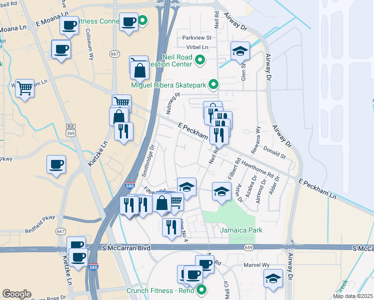 map of restaurants, bars, coffee shops, grocery stores, and more near 96 Smithridge Park in Reno