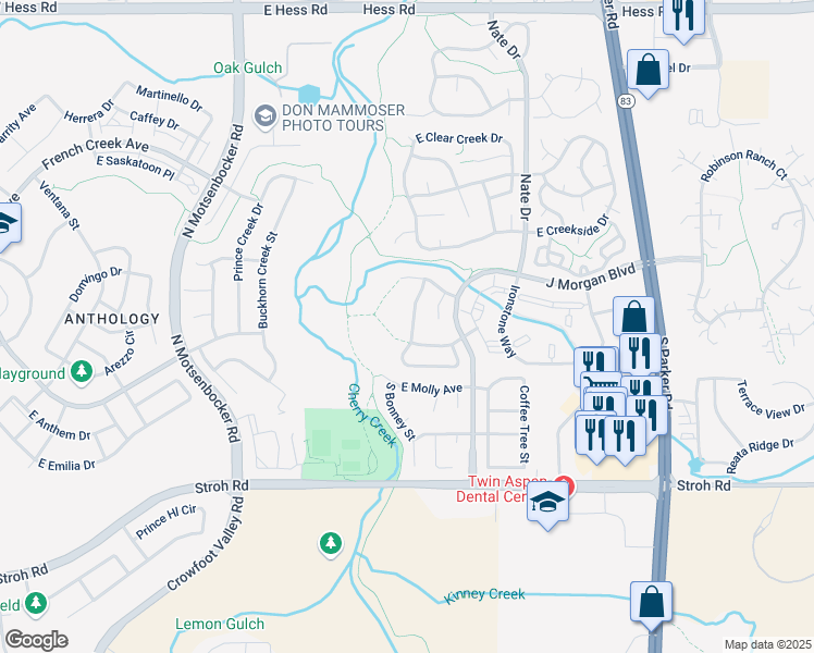 map of restaurants, bars, coffee shops, grocery stores, and more near 19135 East Custer Avenue in Parker