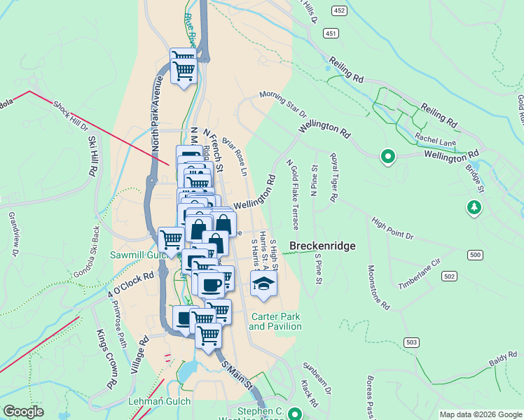 map of restaurants, bars, coffee shops, grocery stores, and more near 106 North Harris Street in Breckenridge