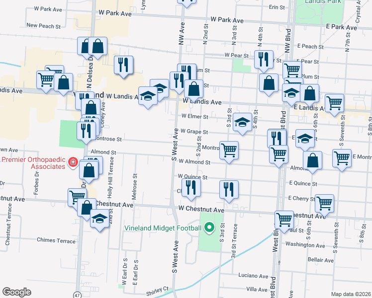 map of restaurants, bars, coffee shops, grocery stores, and more near 117 Montrose Street in Vineland