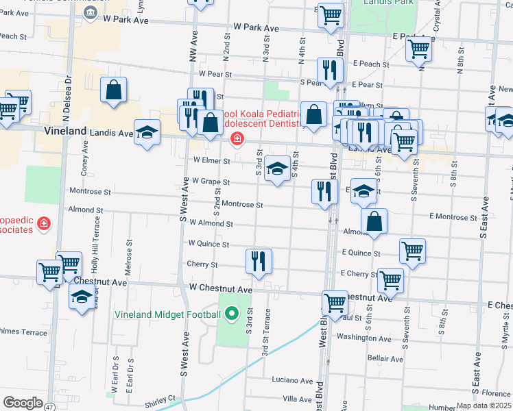 map of restaurants, bars, coffee shops, grocery stores, and more near 299 Montrose Street in Vineland