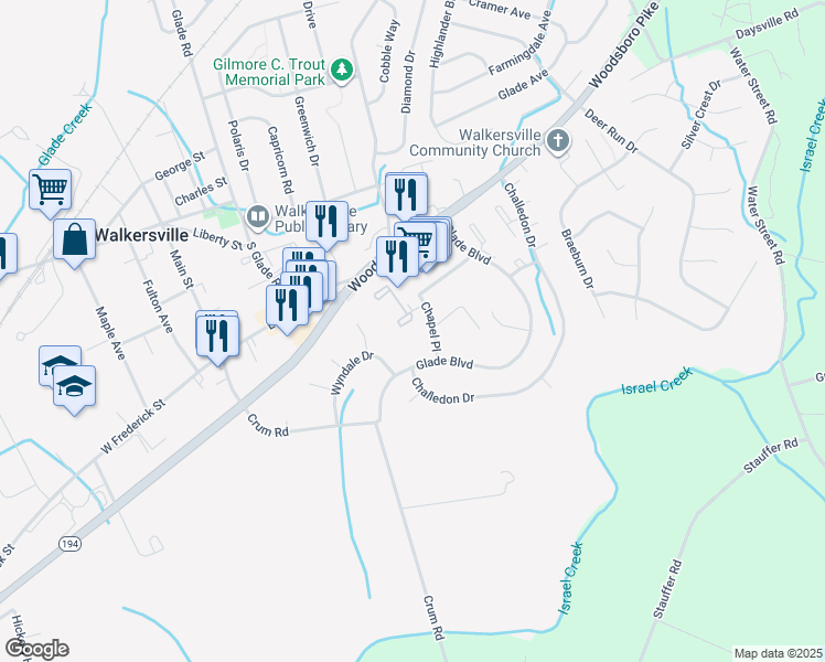 map of restaurants, bars, coffee shops, grocery stores, and more near 100 Chapel Court in Walkersville