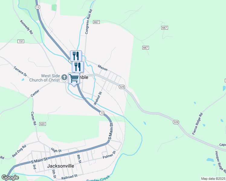 map of restaurants, bars, coffee shops, grocery stores, and more near 19407 Maple Street in Glouster