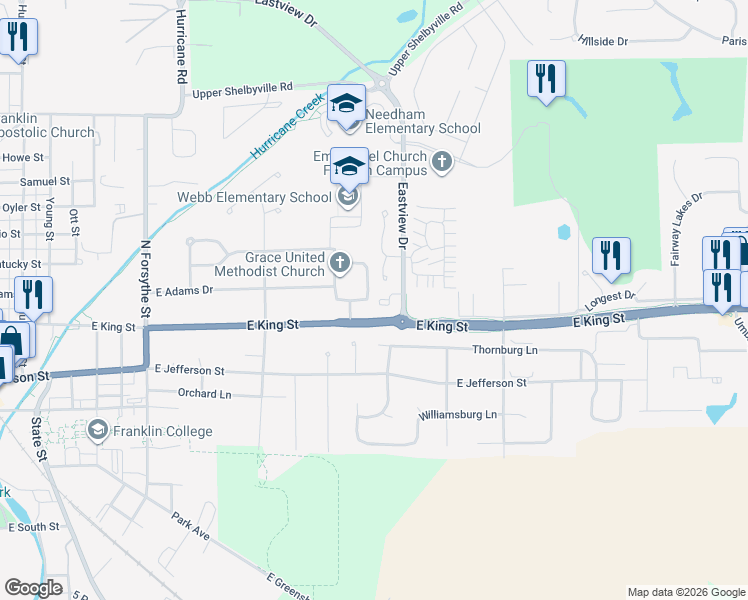 map of restaurants, bars, coffee shops, grocery stores, and more near 1561 Brookfield Circle in Franklin