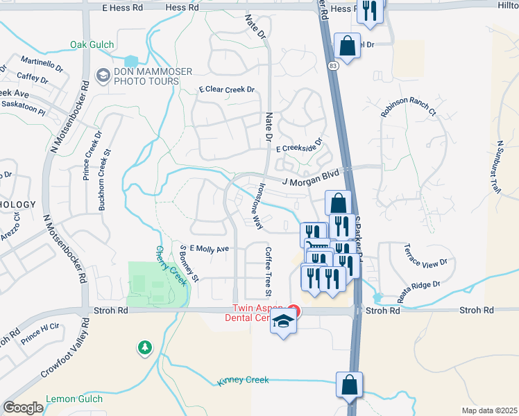 map of restaurants, bars, coffee shops, grocery stores, and more near 12888 Ironstone Way in Parker