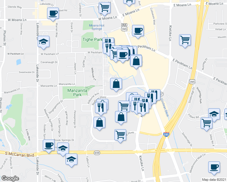 map of restaurants, bars, coffee shops, grocery stores, and more near 235 Redfield Parkway in Reno