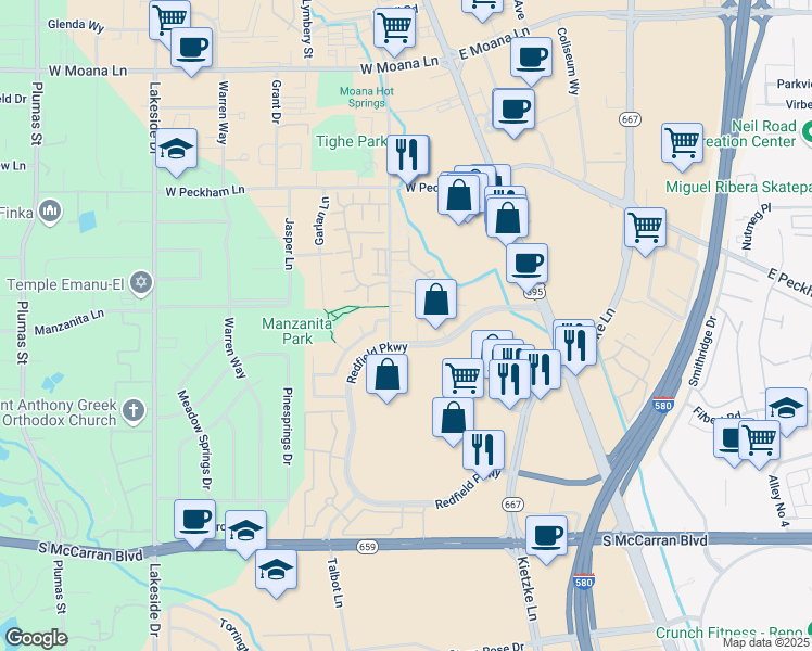 map of restaurants, bars, coffee shops, grocery stores, and more near 235 Redfield Parkway in Reno