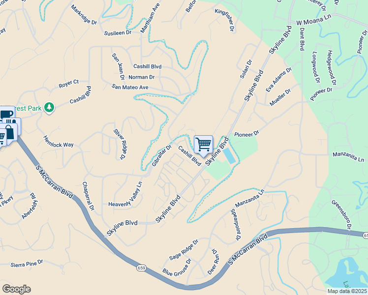 map of restaurants, bars, coffee shops, grocery stores, and more near 3313 Skyline Boulevard in Reno