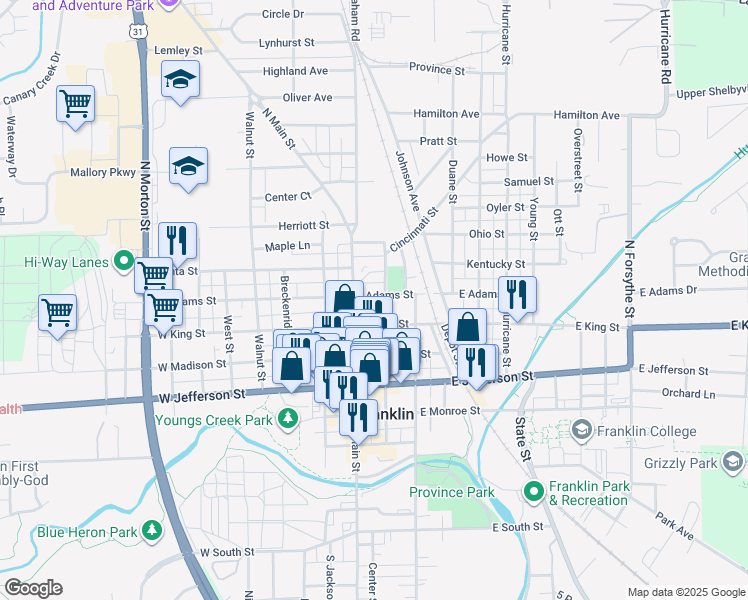 map of restaurants, bars, coffee shops, grocery stores, and more near 235 North Main Street in Franklin