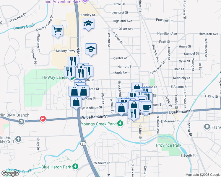 map of restaurants, bars, coffee shops, grocery stores, and more near 250 Walnut Street in Franklin