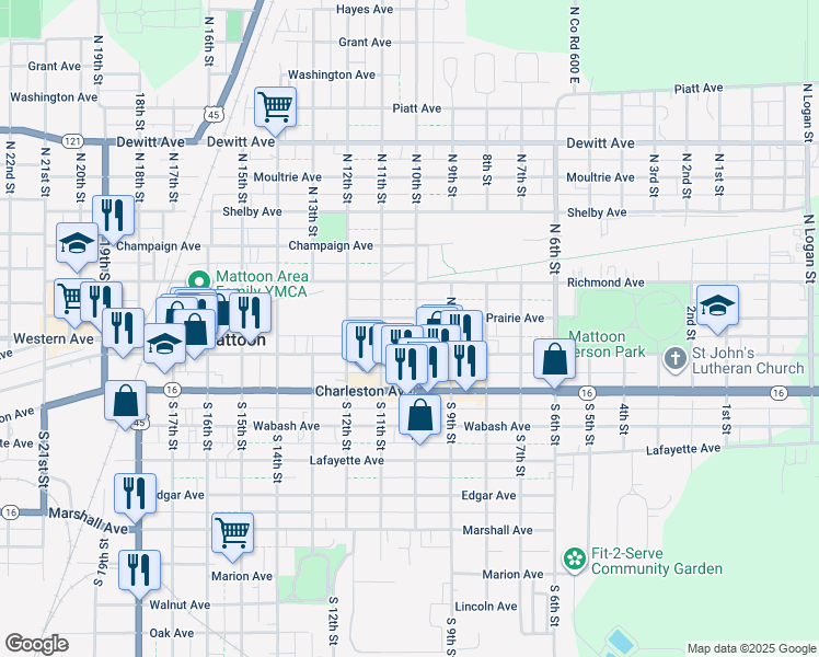 map of restaurants, bars, coffee shops, grocery stores, and more near 1000-1098 Broadway Avenue East in Mattoon