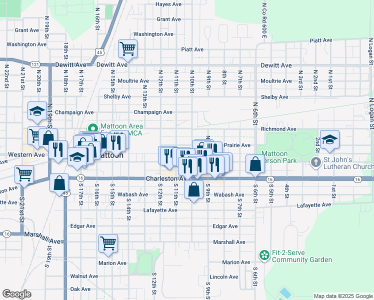 map of restaurants, bars, coffee shops, grocery stores, and more near 1000-1098 Broadway Avenue East in Mattoon
