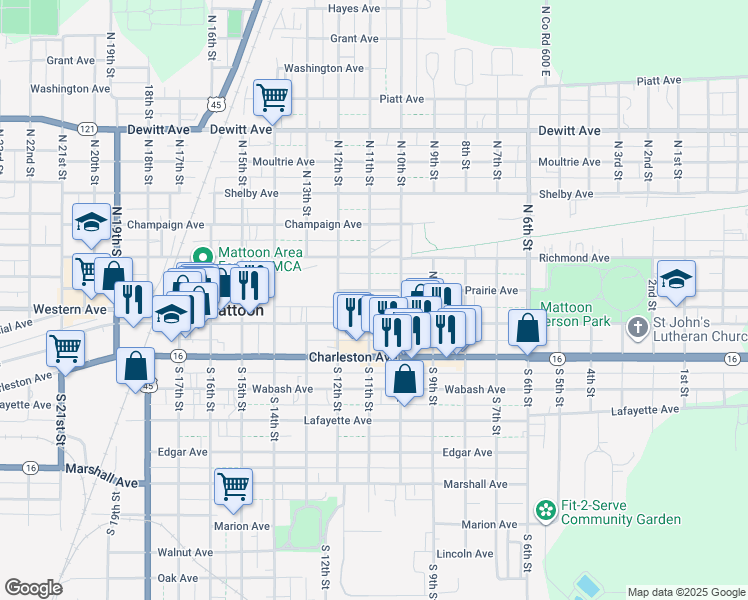 map of restaurants, bars, coffee shops, grocery stores, and more near 1000-1098 Broadway Avenue East in Mattoon