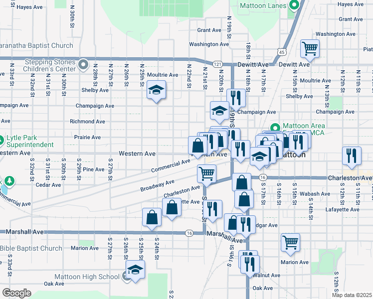 map of restaurants, bars, coffee shops, grocery stores, and more near 2201 Western Avenue in Mattoon