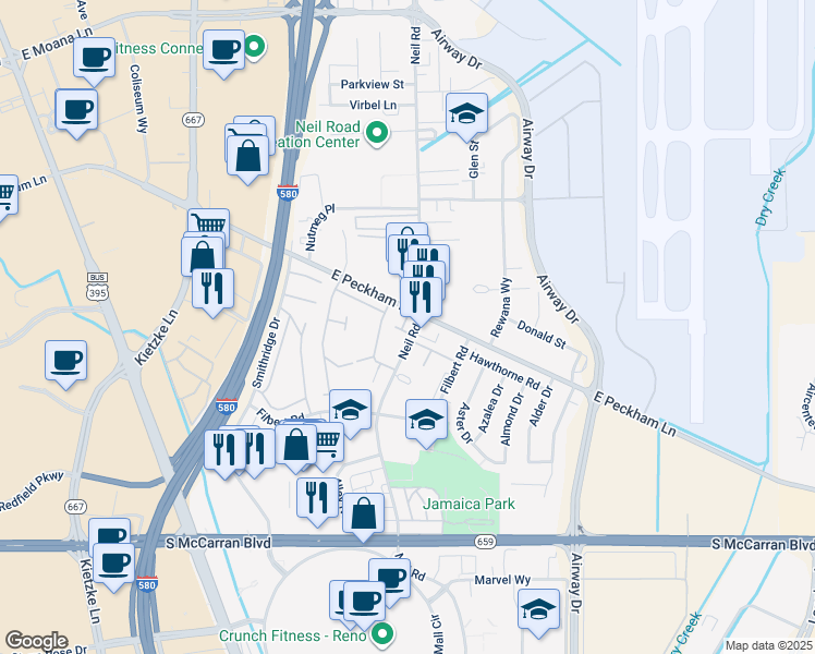 map of restaurants, bars, coffee shops, grocery stores, and more near 6 Smithridge Park in Reno