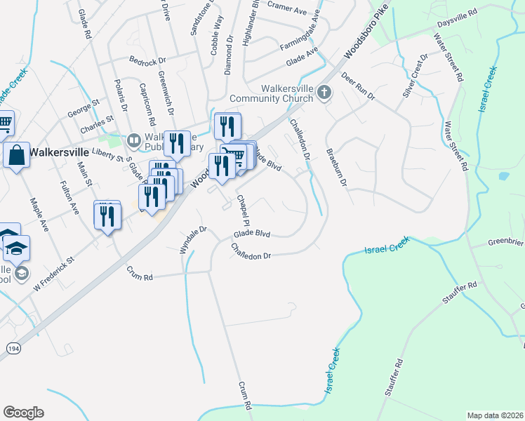 map of restaurants, bars, coffee shops, grocery stores, and more near 150 Walkers Village Way in Walkersville