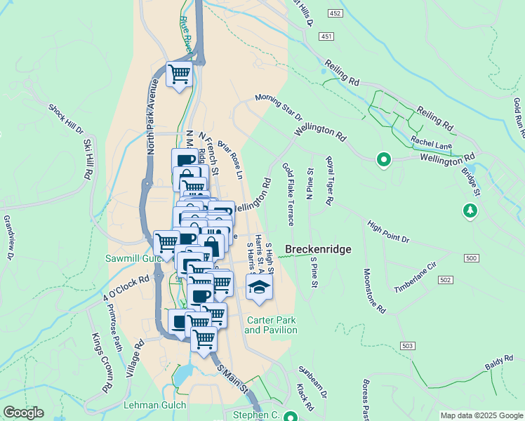 map of restaurants, bars, coffee shops, grocery stores, and more near 106 North Harris Street in Breckenridge