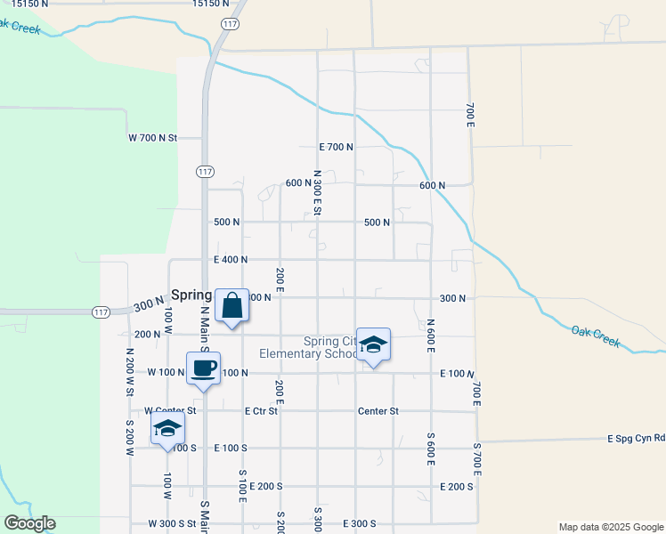 map of restaurants, bars, coffee shops, grocery stores, and more near 346 East 400 North in Spring City