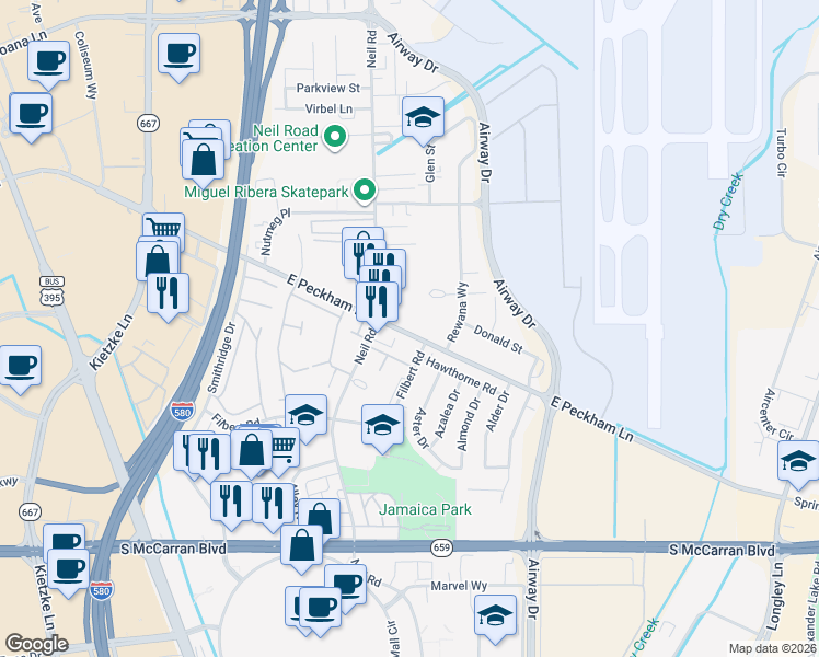 map of restaurants, bars, coffee shops, grocery stores, and more near 1400 East Peckham Lane in Reno