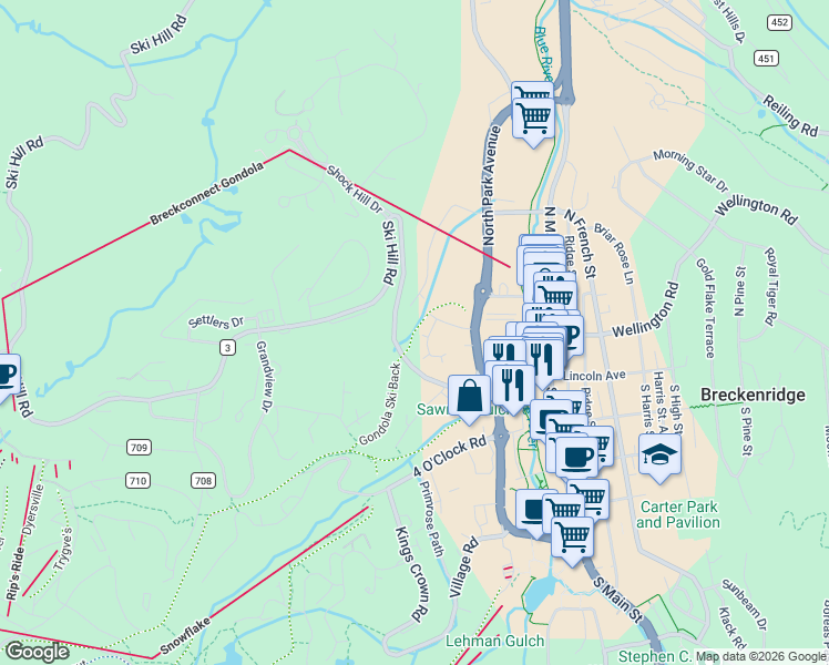 map of restaurants, bars, coffee shops, grocery stores, and more near Skyway Skiway in Breckenridge