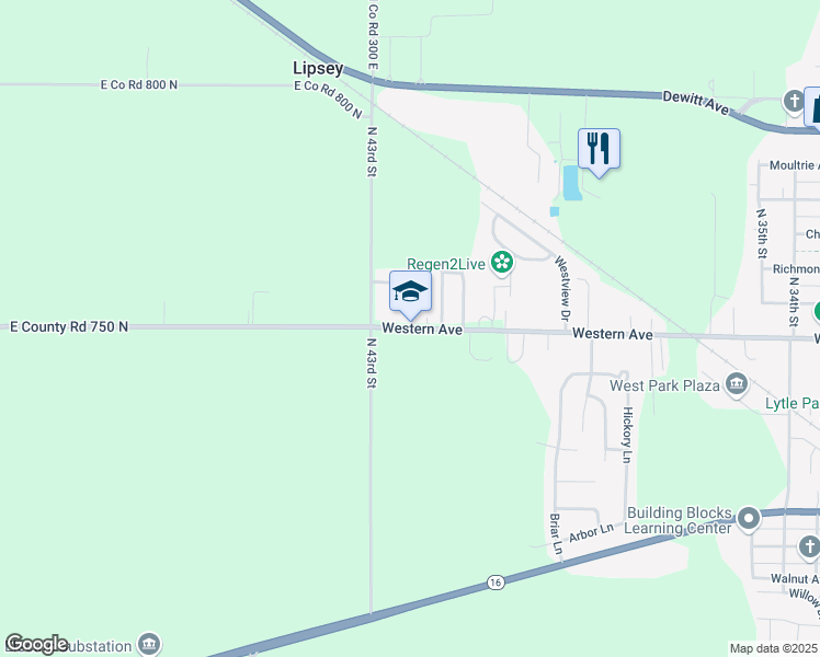 map of restaurants, bars, coffee shops, grocery stores, and more near 4201 Western Avenue in Mattoon