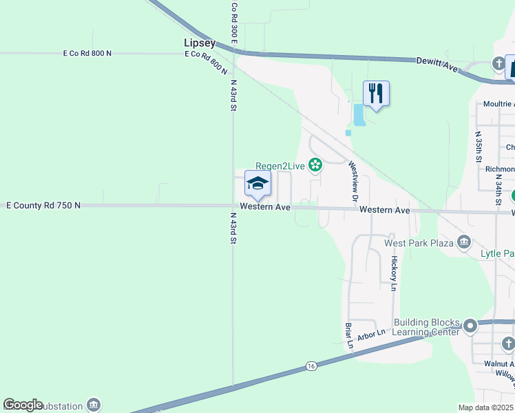 map of restaurants, bars, coffee shops, grocery stores, and more near 4201 Western Avenue in Mattoon