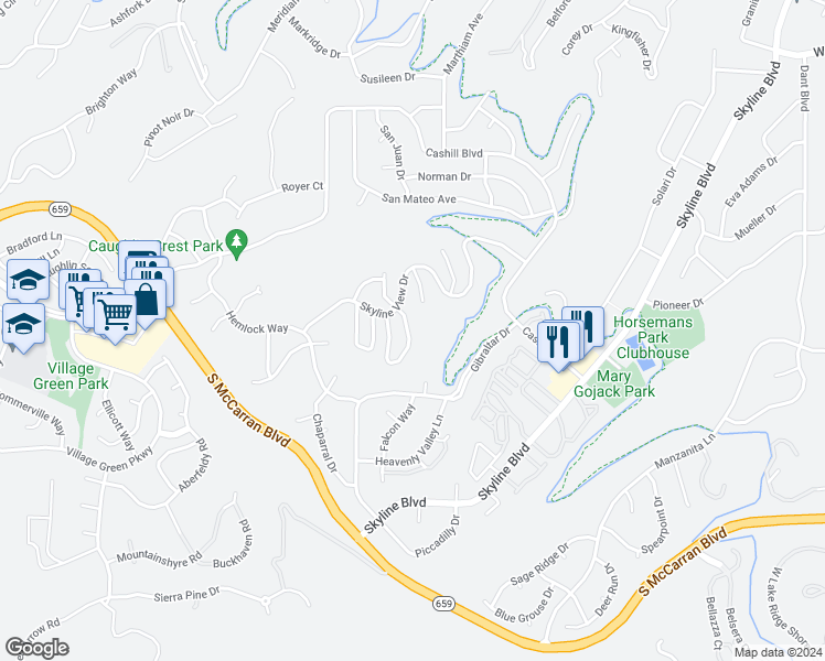 map of restaurants, bars, coffee shops, grocery stores, and more near 2332 Silver Ridge Drive in Reno