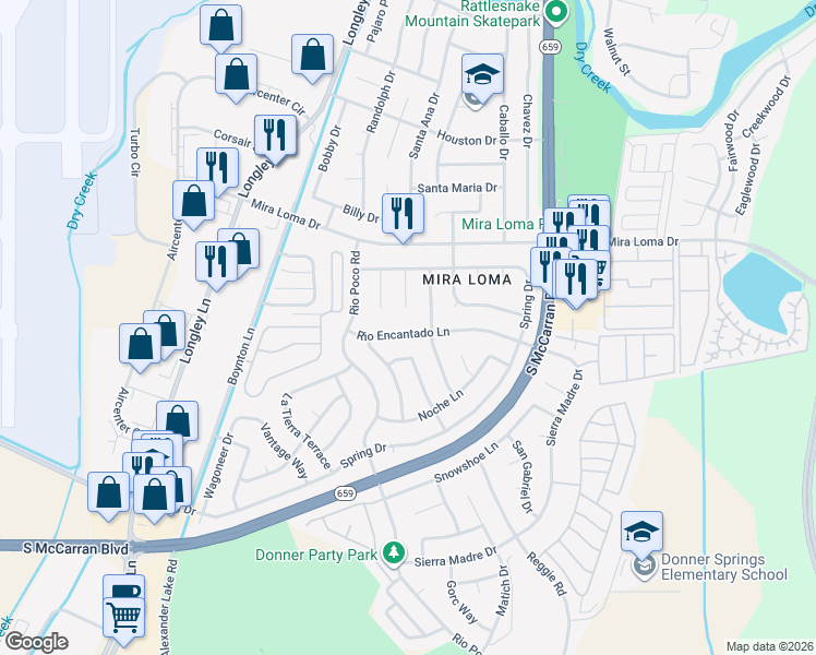map of restaurants, bars, coffee shops, grocery stores, and more near 4540 Rio Encantado Lane in Reno