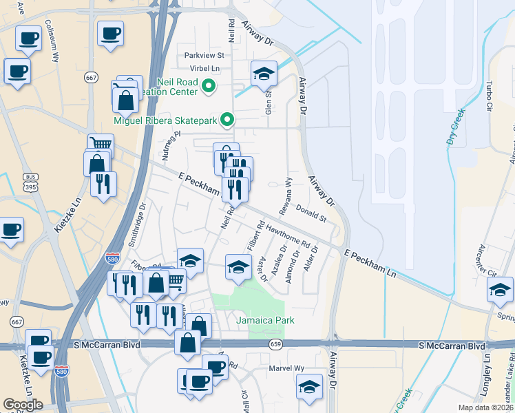 map of restaurants, bars, coffee shops, grocery stores, and more near 1400 East Peckham Lane in Reno